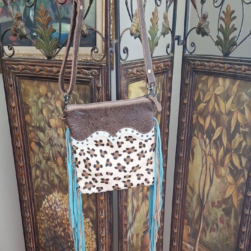 Fringed Leopard Print Crossbody Bag in Brown and Turquoise